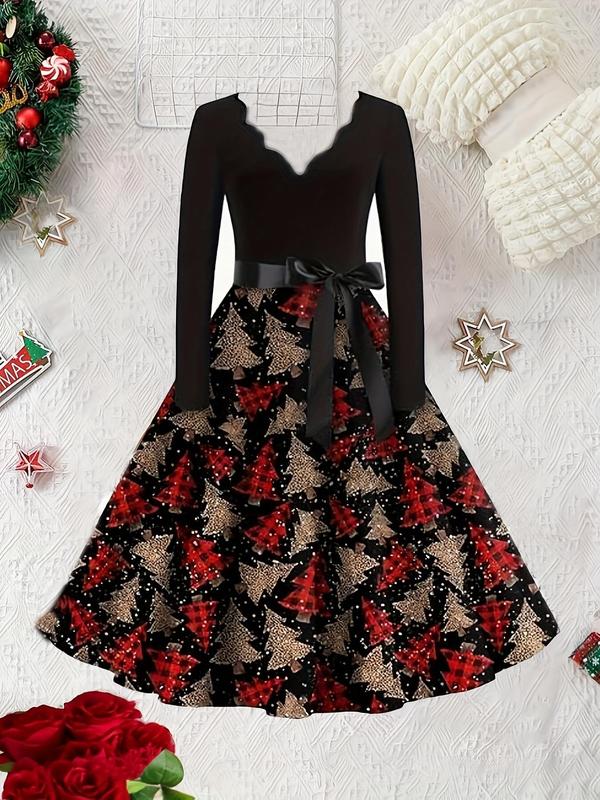 Women's Christmas Tree Print Belted V Neck A Line Dress, Elegant Zipper Back Long Sleeve Scallop Trim Dress for Party Holiday Wedding Guest, Ladies Spring & Fall Clothes